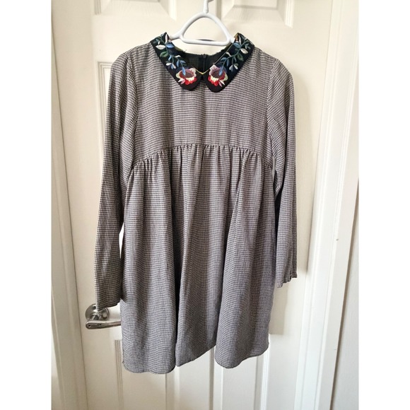Zara Dresses & Skirts - Zara Trafaluc Gingham Embroidered Floral Collar Babydoll Mini Dress Small NWT